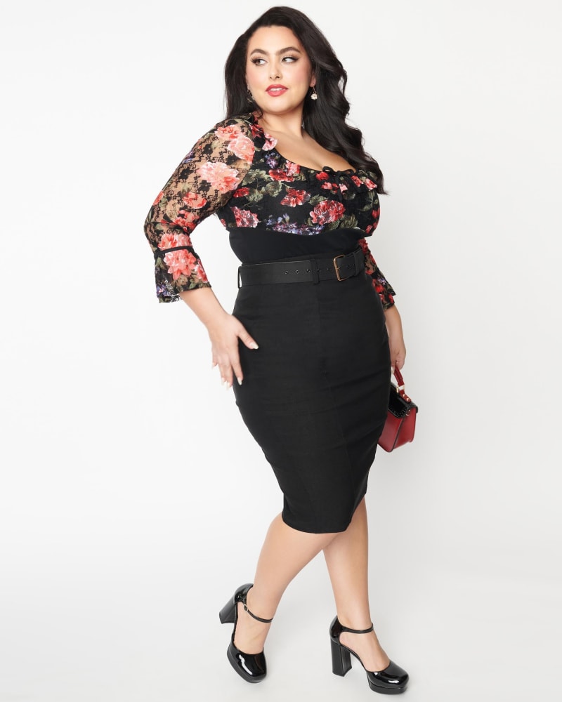 Unique Vintage Plus Size Black Belted Wiggle Skirt Black